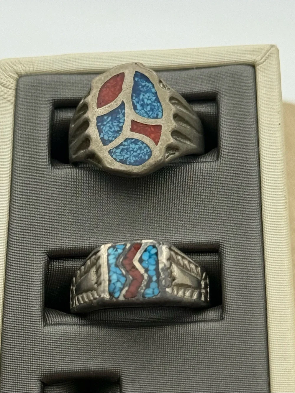 Set of two Men's Silver-Tone Inlay Ring with turquoise and coral Accents